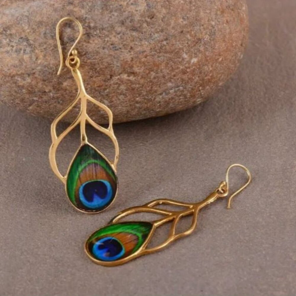 NEW Alea 18K Gold Plated Peacock Feather Cabochon Drop Earrings